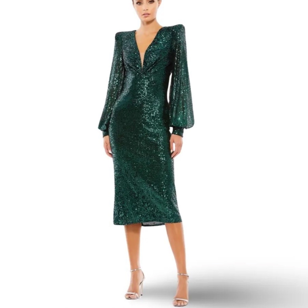 Mac Duggal Emerald Sequined Structured Bishop Sleeve Midi Dress, 26866 - Reemoly